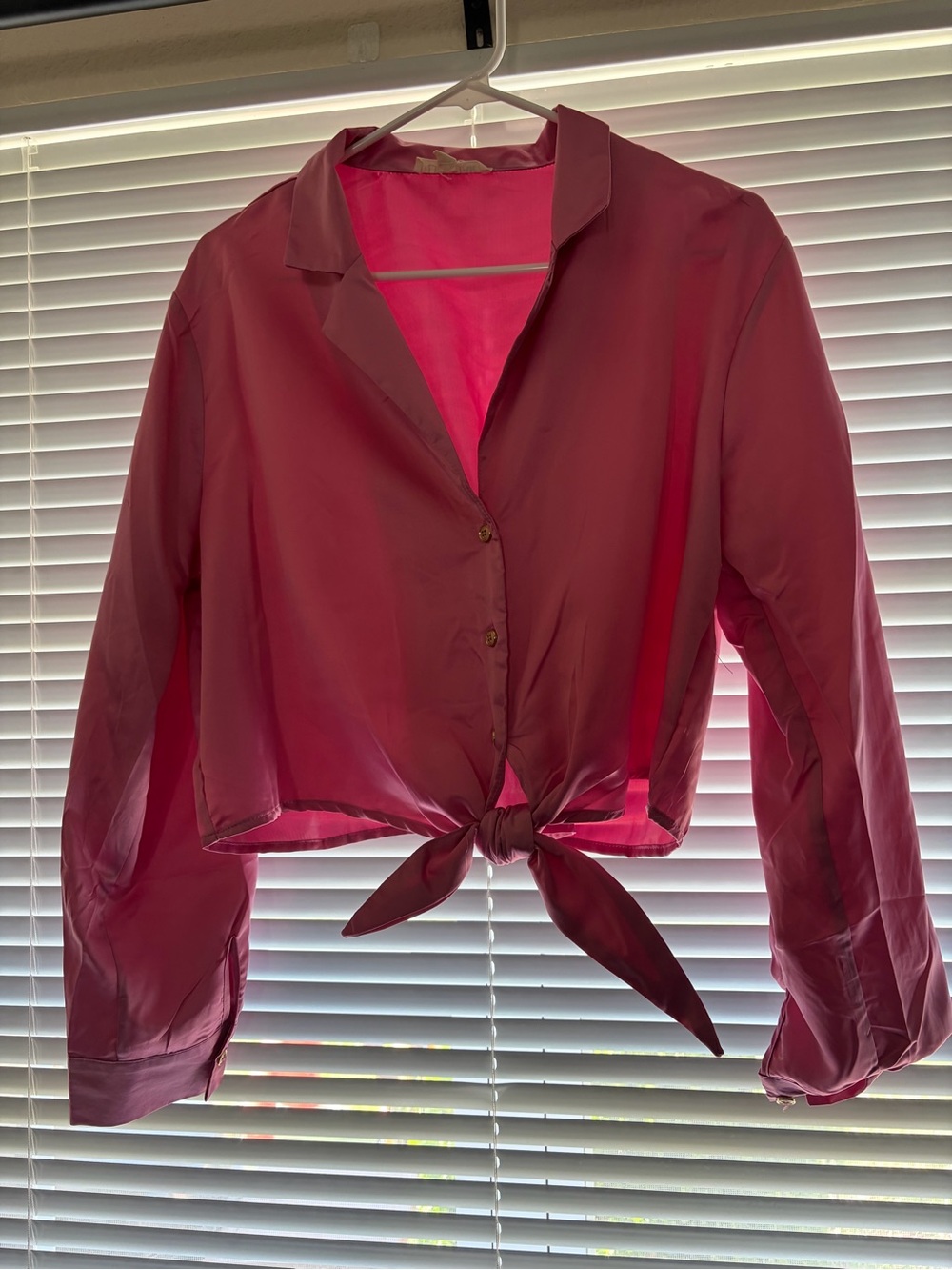 Pink Tie-Front Button-Up Satin Blouse